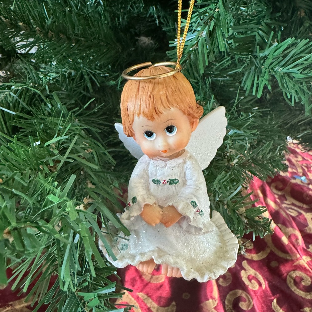 Vintage Holly Babes glitter cherub girl mistletoe ornament Xmas